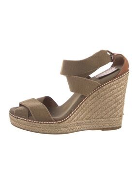 Tory Burch Olive Green and Tan Canvas Espadrille Wedge Sandals